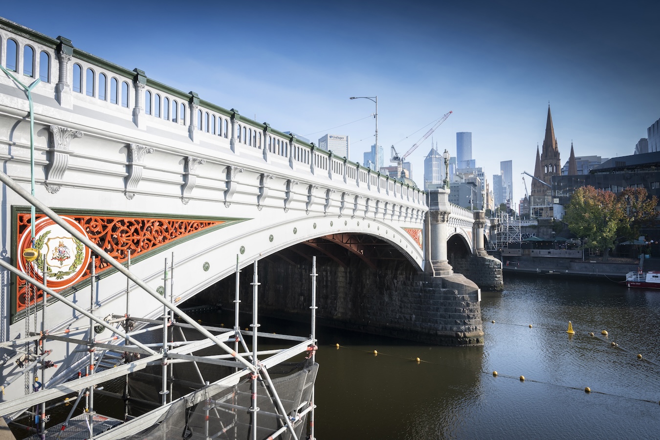 Restored decorative span of Princes Bridge with access works at the river edge